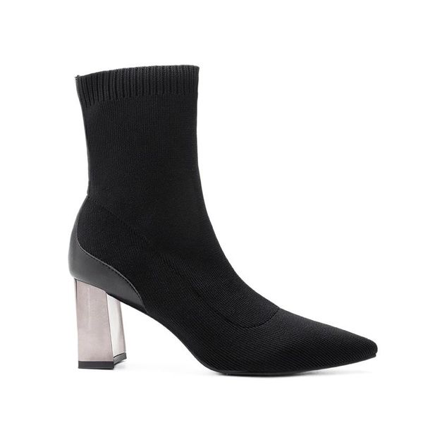 

boots women shoes elastic fabric pointed toe high heels short boot ladies, Black