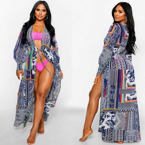 

women's blouses & shirts 2021 bohemian printed lantern sleeve plus size summer beachwear long kimono cardigan beach tunic cotton women, White