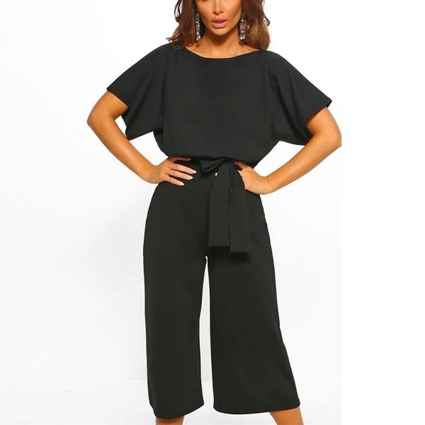 

women's jumpsuits & rompers women office wear short sleeve elegant jumpsuit summer casual wide leg long lady lace up overalls, Black;white