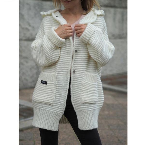 

women's knits & tees 2021 fashion pink hooded knitted sweater autumn pockets cardigan loose outwear open stitch female knitwear sueter, White