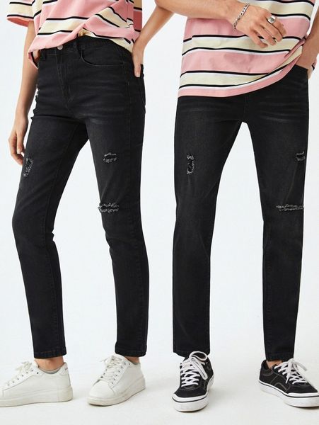 

1pc high waist ripped frayed jeans x8dn#, Blue