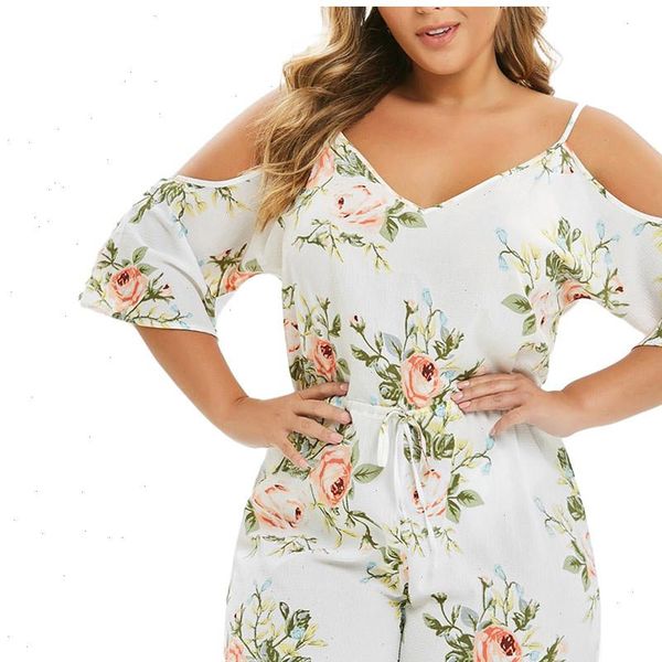 

floral print high waist spaghetti straps short white jumpsuit women summer overalls v neck off shoulder rompers plus size 5xl, Black;white