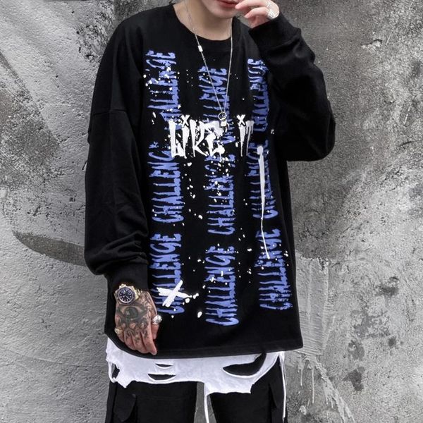

men's t-shirts men long sleeved t-shirt personalized graffiti printing crew neck hipster pullover woman cotton soft oversized t shirt b, White;black