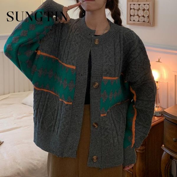 

sungtin vintage argyle sweater cardigan women korean casual twist knitted sweater female cozy o neck loose jumpers coat 3 colors, White
