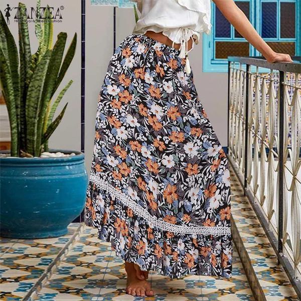 

skirts elegant lace up elastic waist sundress hollow long maxi skirt zanzea floral print robe women casual faldas vestidos, Black