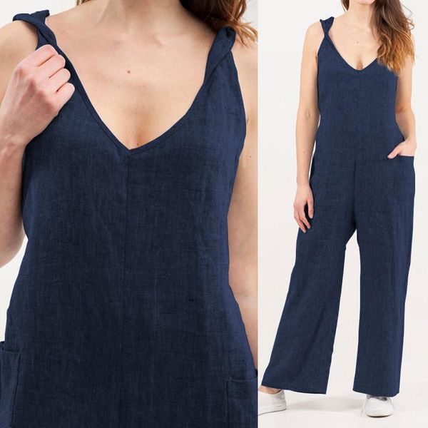 

women's jumpsuits & rompers celmia plus size women 2021 summer v-neck strap sleeveless backless casual loose pant vintage linen playsui, Black;white