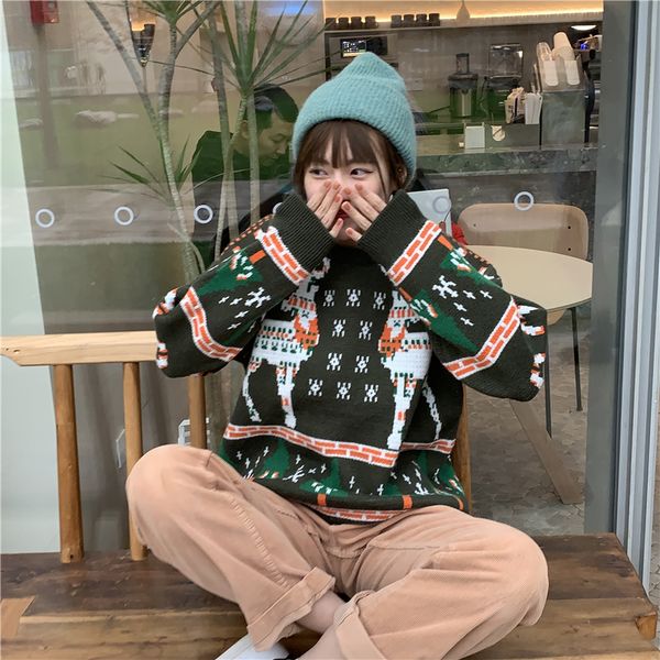 

new 3colors 2021 autumn winter korean style loose christmas sweaters thick warm knitted sweater and womens (c8187) 7he5, White;black