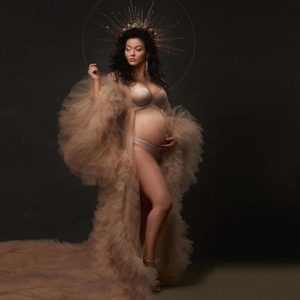 Sheer Oversize vestidos de baile uma linha cáqui de mulheres grávidas vestido ruffles varrer os vestidos de maternidade para foto celebridade vestidos