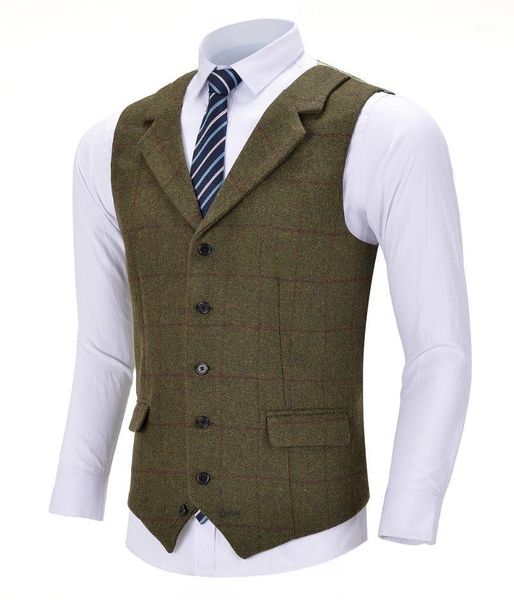 

men's vests business army green vest plaid wool slim fit single-breasted cotton suit waistcoat for wedding formal groomsmen, Black;white