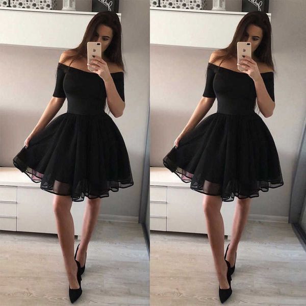 

luxury party evening dress women's short skirt off shoulder mid sleeve drs, Black