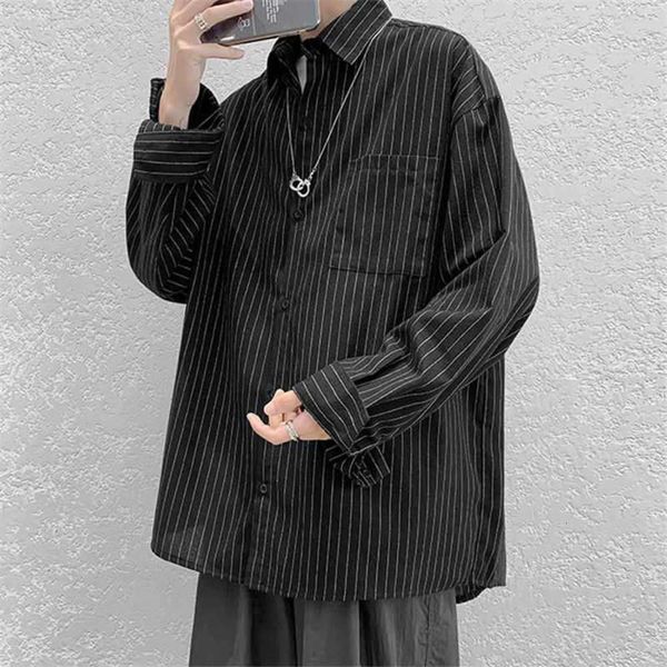 

high level men's korean fashion stripe vertical shirt design small ruffian handsome long sleeve top, White;black