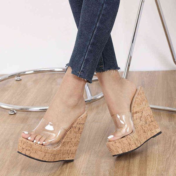 Hausschuhe Neue PVC Transparent Offene spitze Plattform High Heels Sexy Mode Holz Dicken Boden Keile Schuhe für Frauen Sandalen 220308
