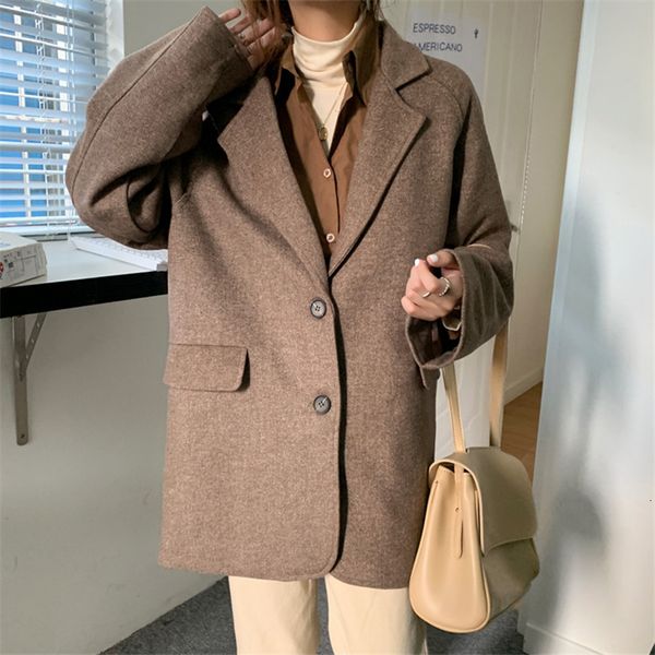 

2021 ol notched minimalist vintage thick woolen blazer suit jacket new autumn winter formal women blazers loose overcoat 5yqe, White;black
