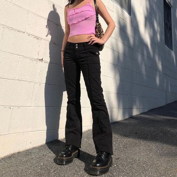 

vintage women flare pants low waist skinny trousers streetwear y2k fashion korean style 90s outfits pantalones de mujer, Black;white