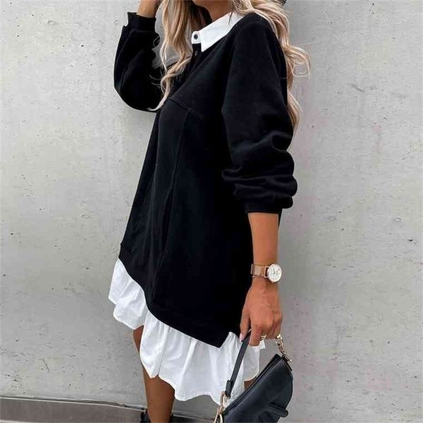 

women turn-down collar button mini es autumn fashion ruffle patchwork pocket casual long sleeve shirt dress vestidos, Black;gray