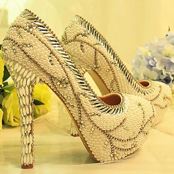 

dress shoes pearl womens wedding crystal decor white pumps round toe bride platform high heels female rhinestone party, Black