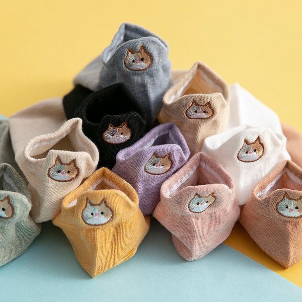 

socks & hosiery cute cat cotton boat woman's embroidery heel ears cartoon ins fashion kawaii animal girl sokken ankle, Black;white