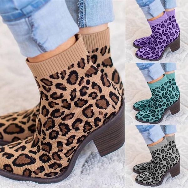 

women's leopard ankle boot knitting woman sock boots fashion autumn female block chunky heels comfortable ladies short botas, Black
