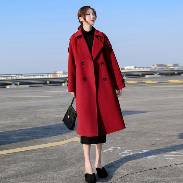 

new women 2021 spring autumn cashmere coat elegant turn down collar wool coats female double-breasted overcoat casaco feminino a805ieoj, Black