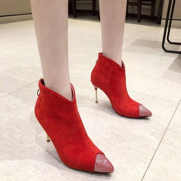 

boots 2021 fashion zipper high heels short for women thin pumps shoes autumn pointed toe suede ankle, Black