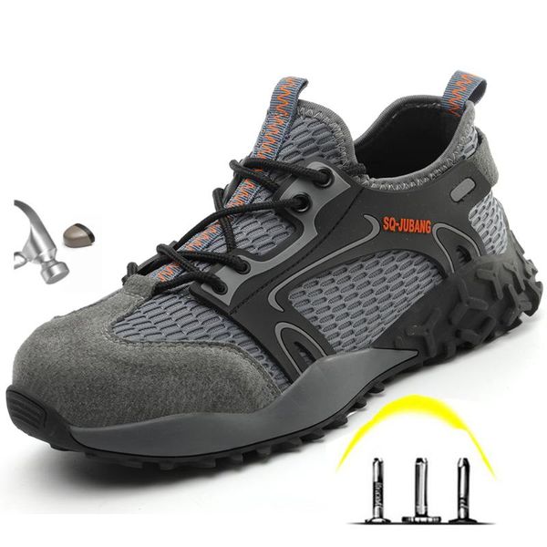 

boots men summer breathable steel toe protective anti smashing work shoes sneakers puncture proof safety, Black