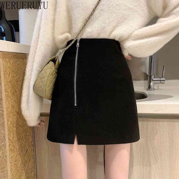 

werueruyu korean split skirt lady female autumn high waist a-line mini vintage casual women 210608, Black