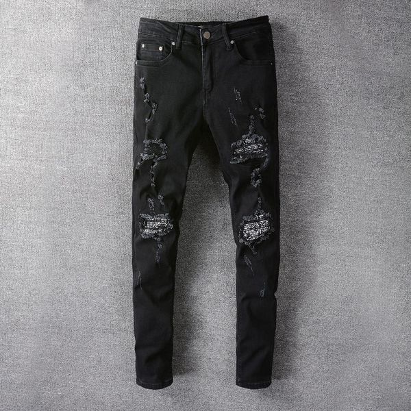

New Male Pants Street Tide Black Mark Pattern Slapping Thin Jeans Fo0t, Blue