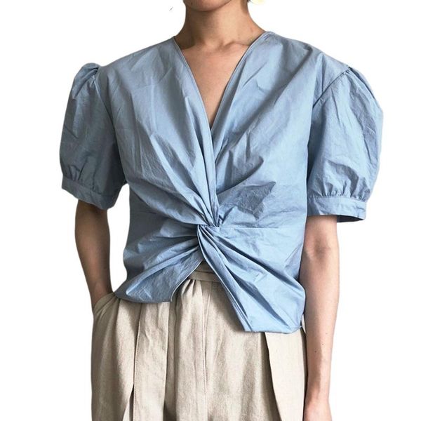 

women's blouses & shirts fashion women shirt blouse short sleeve elegant french style v neck for office ladies white blue work xc680