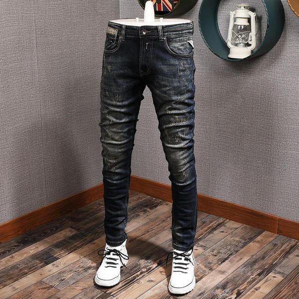 

men's jeans european american vintage fashion men retro black blue distressed wash slim fit ripped casual cotton denim pants