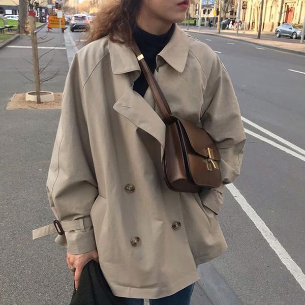 

zcsmll korea chic autumn female coat lapel double breasted loose tie waist puff sleeve windbreaker jacket women, Tan;black