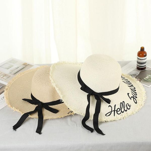 

wide brim hats creative handmade weave letter sun for women black ribbon lace up large straw hat outdoor beach summer caps, Blue;gray