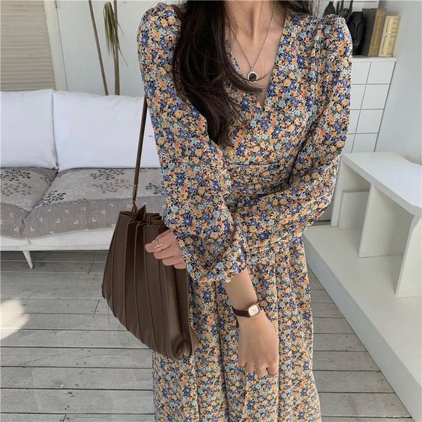 

casual dresses nice women flower print dress v-collar long lace-up waist floral elegant boho sleeve maxi vestidos, Black;gray