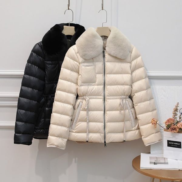 

21ss designer short rex rabbit fur lapel down jacket drawstring waist collection women's slim fit small children's fashion, Black