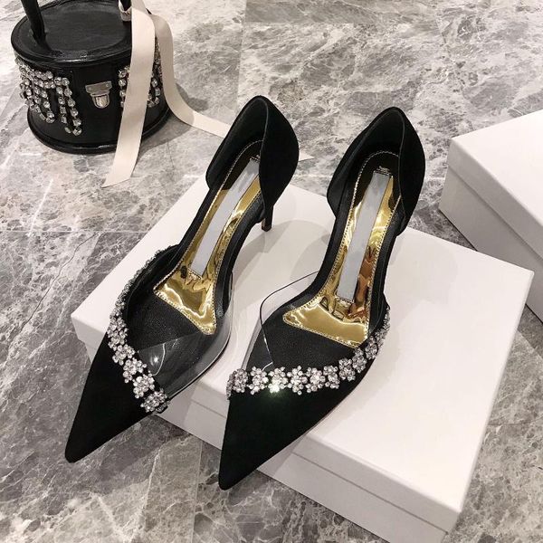 

dress shoes 2021 est spring woman slik shallow pumps party pointed toes super high heels crystal decora, Black