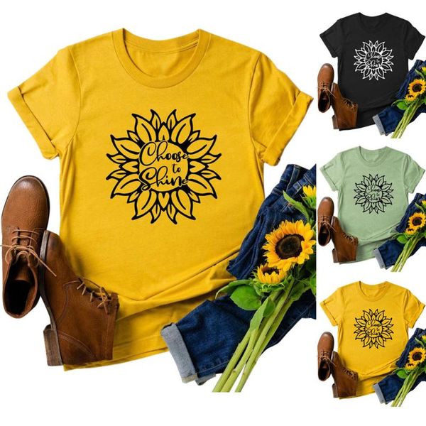 

2021 sunflower print tshirt women casual short sleeve o neck tee for female cartoon cute t-shirts femme clothings, White