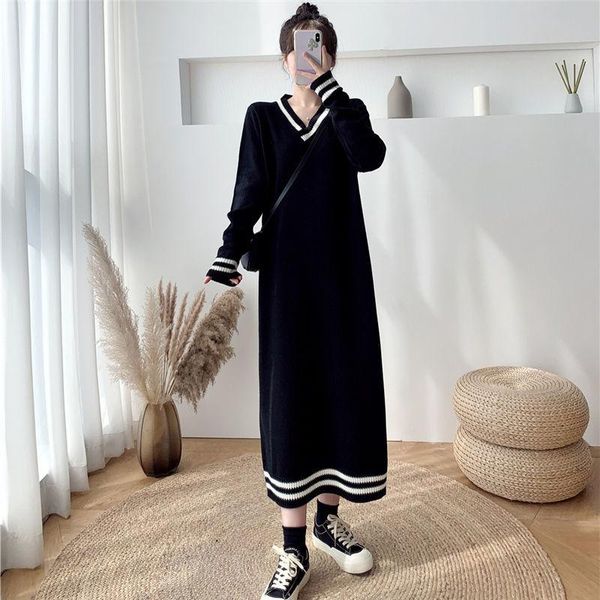 

women 2021 autumn winter knit straight dress female casual v-neck loose sweater dresses ladies fashion long sleeve vestidos c499, Black;gray