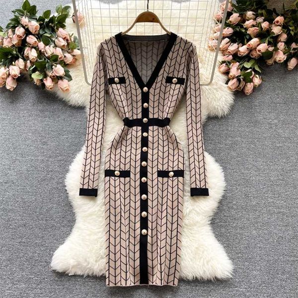 

banulin autumn winter buttons retro sweater dress causal women v-neck geometric pattern knitted slim sheath bodycon 211110, Black;gray