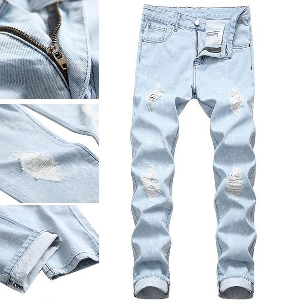 

men's jeans 2021 casual hole trend stretch slim light color fit small feet, Blue