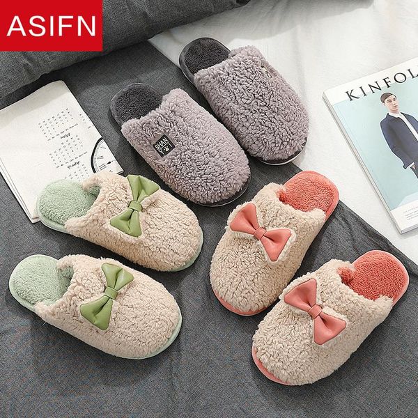 

slippers asifn cute bow women winter home fur warm furry bedroom non-slip flock indoor ladies cotton plush shoes, Black