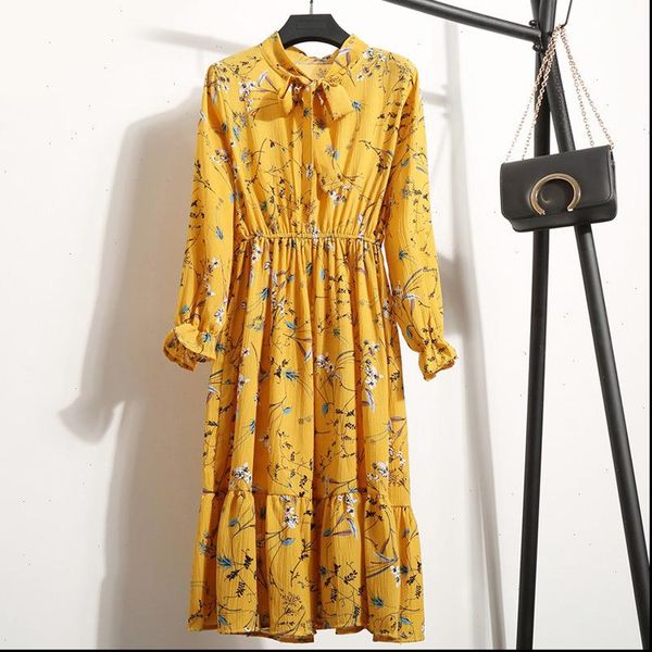 

women autumn winter floral print midi dress elegant office chiffion dresses 2021 fashion long sleeve female dress vestidos, Black;gray