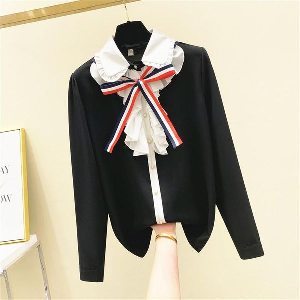 

women's blouses & shirts retro lace-up shirt long sleeve blouse 2021 autumn court style ruffles doll collar chiffon blusas lady top, White