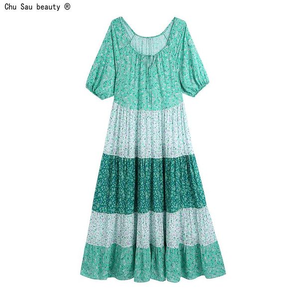 

casual dresses 2021 summer fashion boho style vintage floral print layered stitching folds lace-up ankle length dress women vestido female, Black;gray