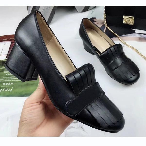 

dress shoes black genuine leather woman high heels vintage loafers with fold over fringe 3.3" heel height tacones altos christmas gift