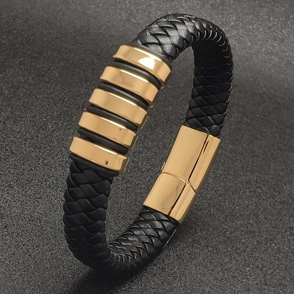 

charm bracelets fashion leather bangle for men punk jewelry male braided rope bracelet gold color stainless steel magnet clasp wristbands sj, Golden;silver