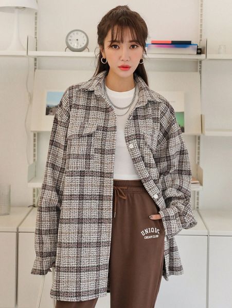 

dazy drop shoulder plaid tweed overcoat q9fe#, Black