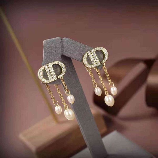 

earrings charm stud2021 d family cd pearl tassel fashion temperament female 925 silver needle, Golden