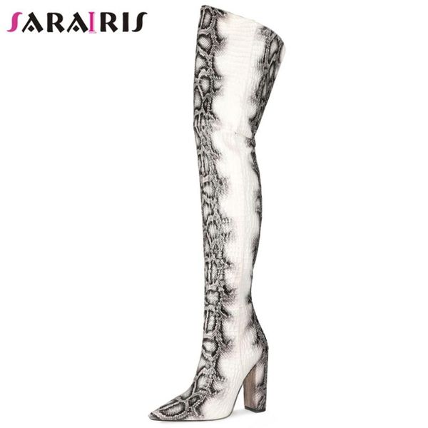 

boots sarairis girl zipper pointed toe high heels knee women snake print dress party winter shoes woman, Black