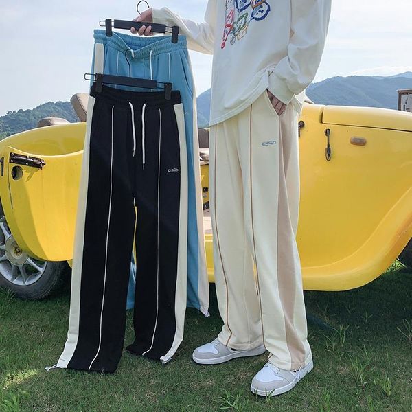 

men's pants japanese stripe patchwork men's 2021 autumn fashion casual men streetwear wild loose drawstring male straight, Black
