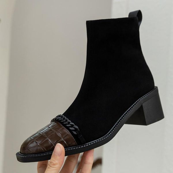 

boots winter autumn handmade genuine leather women square toe chunky heels ankle shoes all match zipper botas de mujer, Black