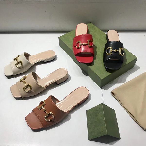 

2021 women slides sandals rhombi leather with horsebit flats slippers summer beach shoes flip flops with box us11 no274, Black